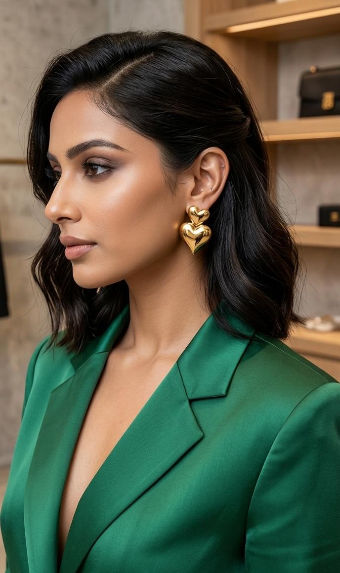 Golden heart drop earrings from Saj Kotha